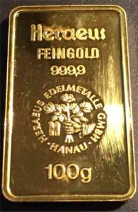 Goldbarren-100g-Feingold-9999-Heraeus-Hanau